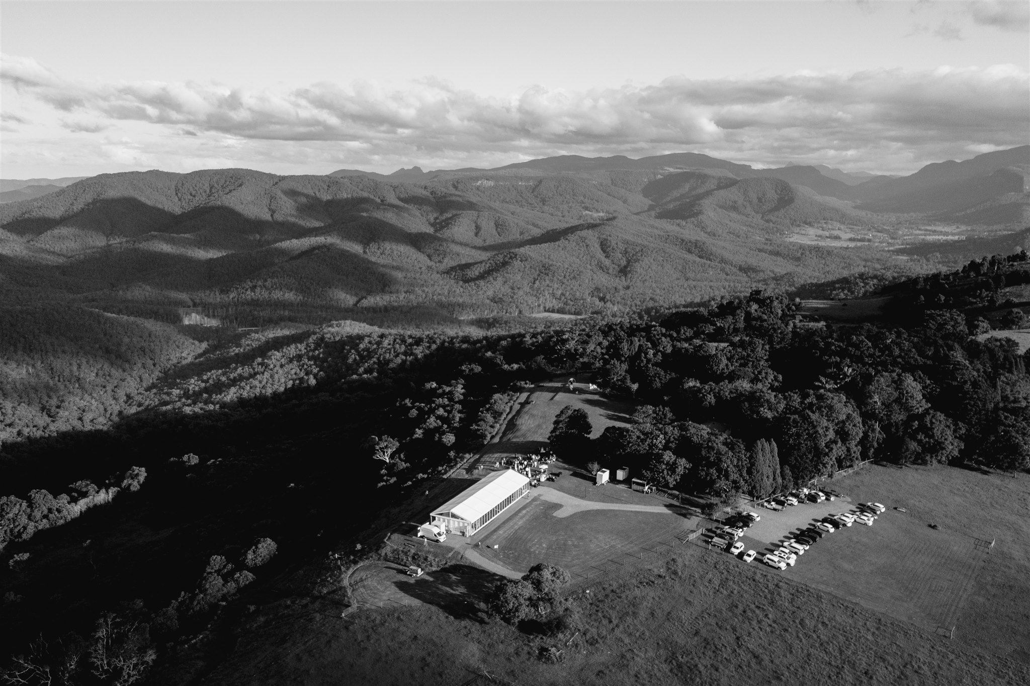 Aerial view of the marquee and property looking south