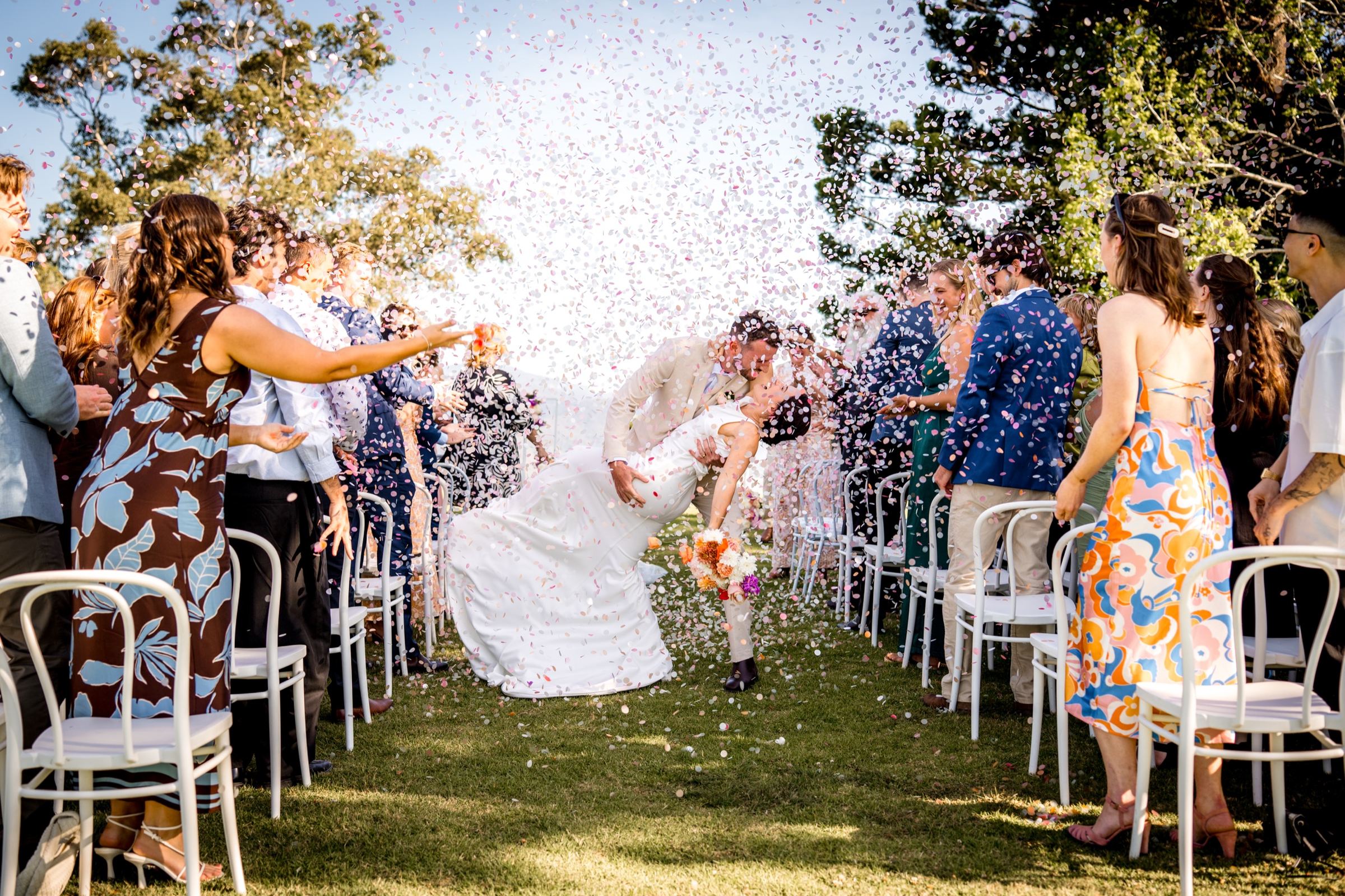 Confetti moment after a ceremony at Rosewood Estate