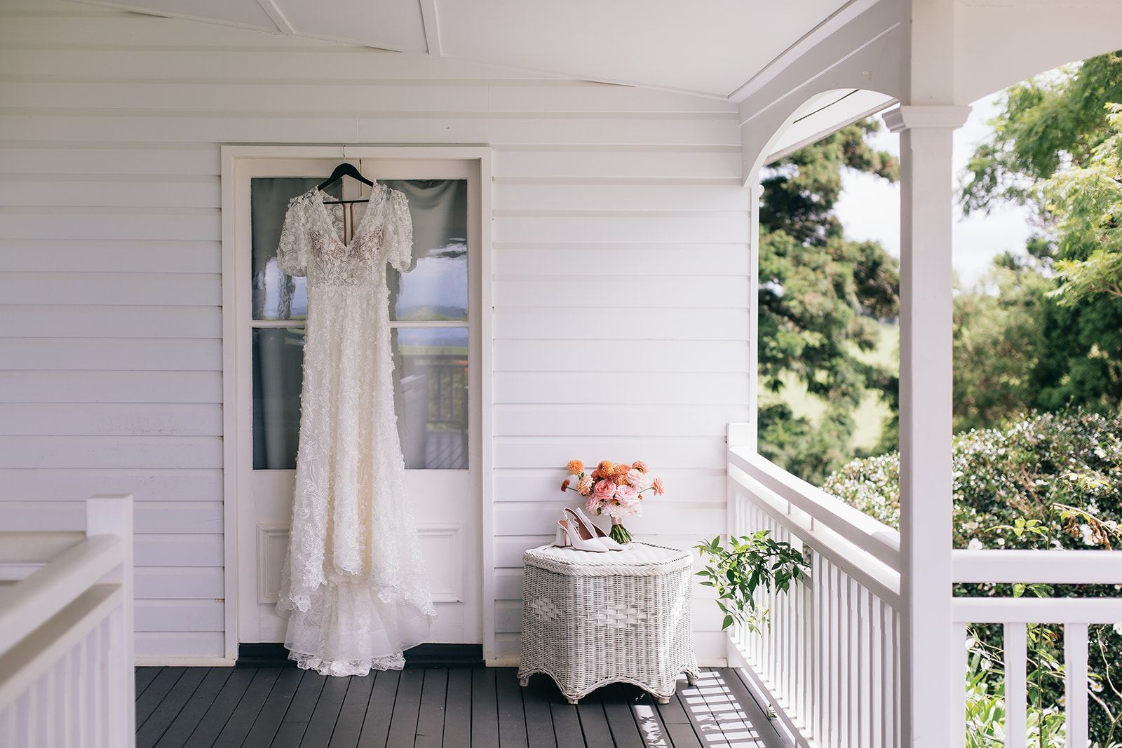 Bridal dress hanging at Rosewood Homestead