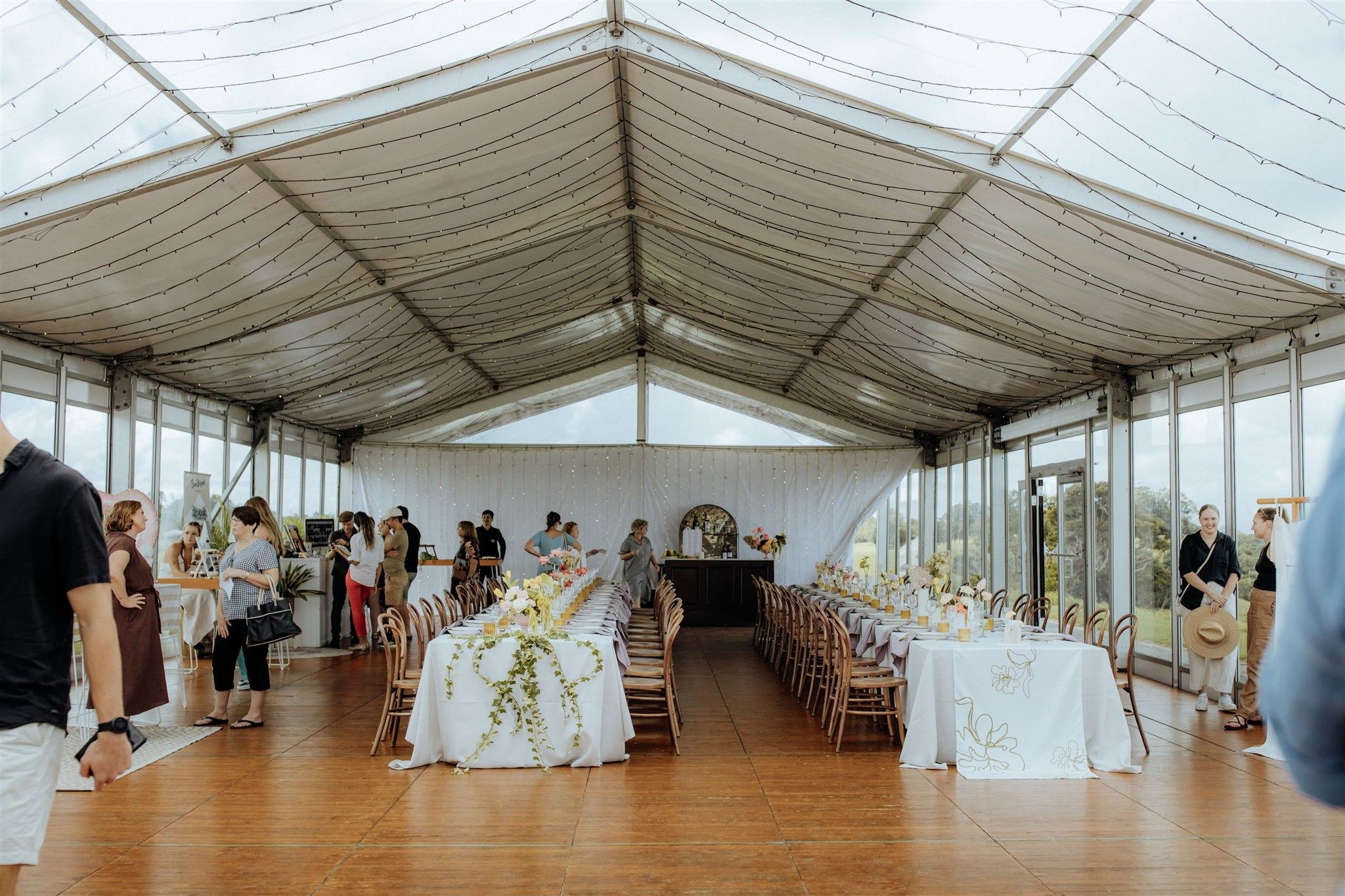 The marquee under its white summer roof, set for a reception